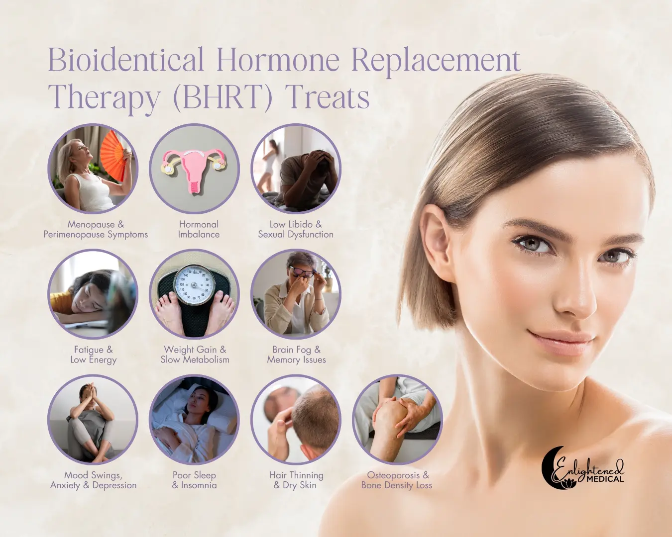 Bioidentical Hormone Replacement Therapy (BHRT) treats menopause, hormonal imbalance, fatigue, weight gain, brain fog. Enlightened MEDICAL logo