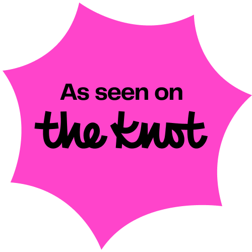Pink starburst badge with "As seen on The Knot" in black text