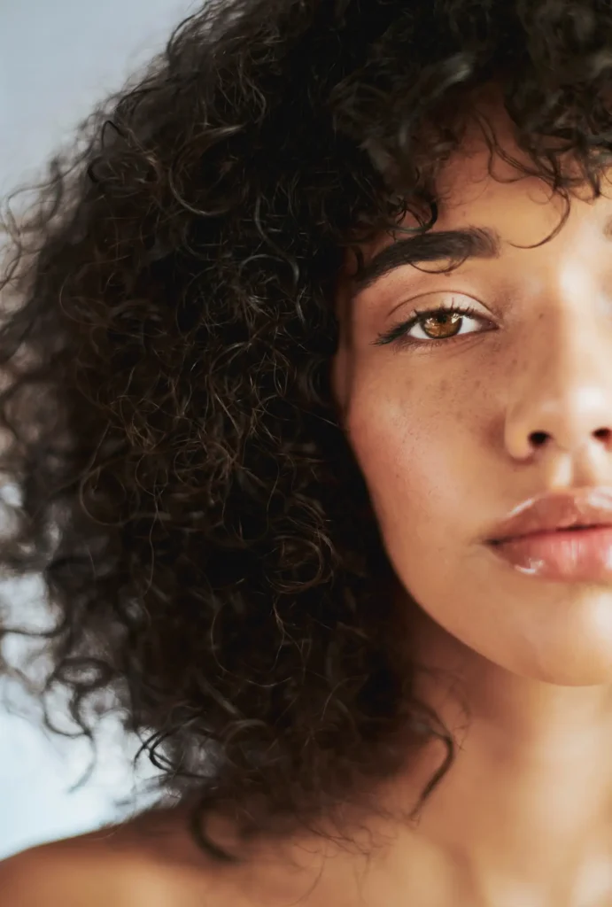 Close-up of a woman's face, focusing on her dark curly hair, brown eye, freckles, and glossy lips