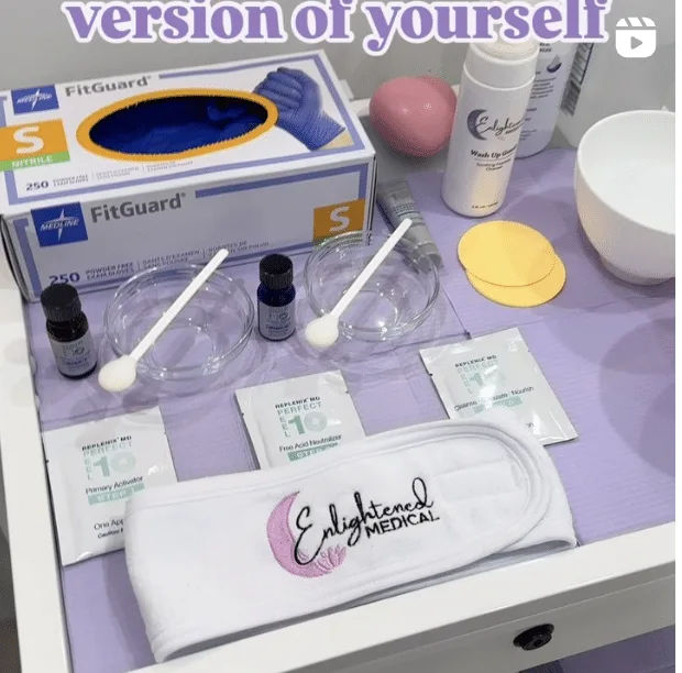 Skincare products for a facial: Medline FitGuard gloves, Enlightened Medical cleanser and headband, Replenix MD Perfect 10 peel kit components