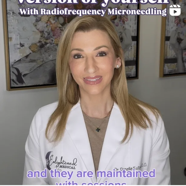 Smiling Dr. Danelle Kutner D.O. in an 'Enlightened Medical' lab coat, discussing Radiofrequency Microneedling
